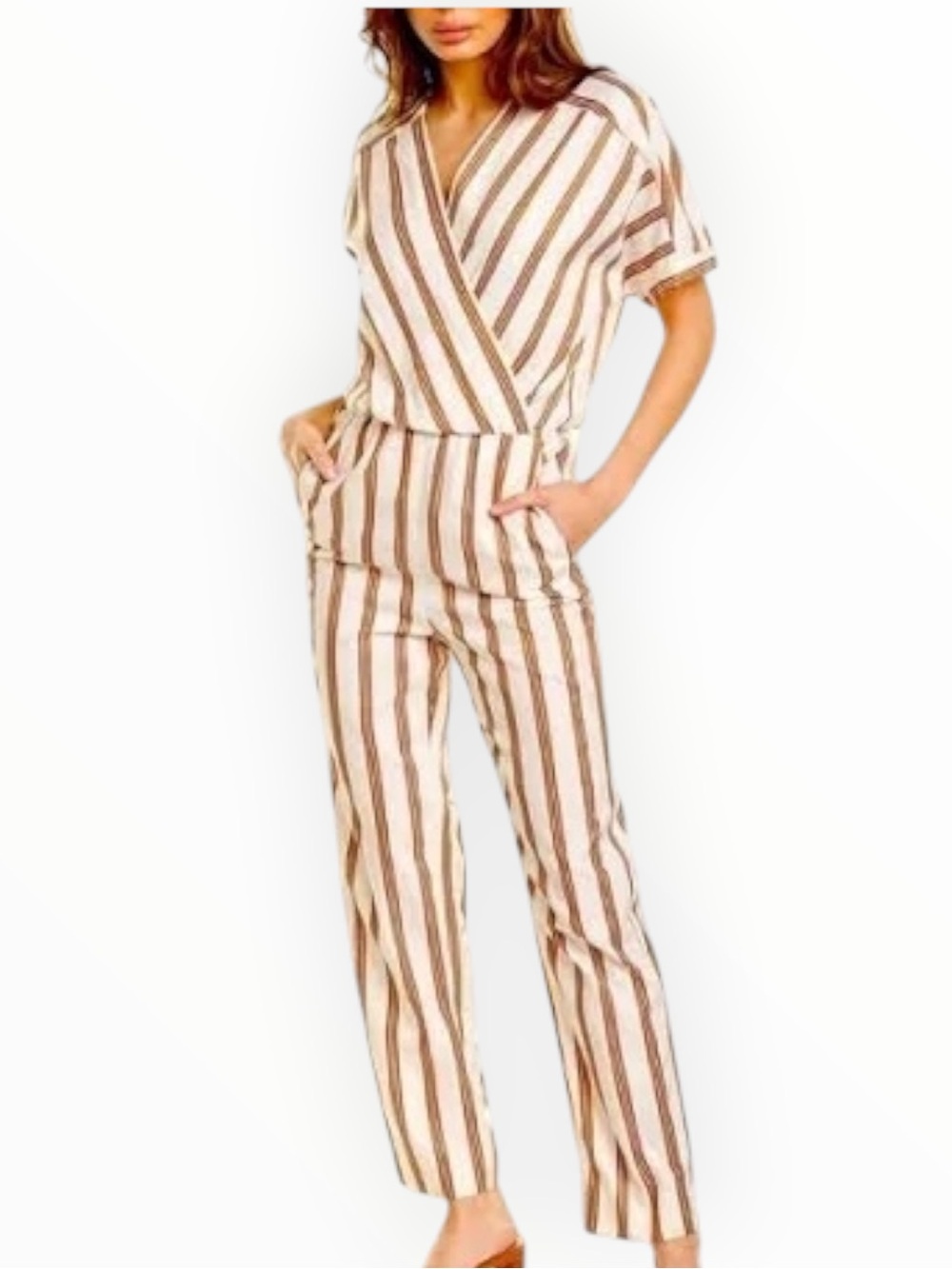 MAJE Pieni Striped Wrap Style Romper Jumpsuit Cream Brown 38 6 8